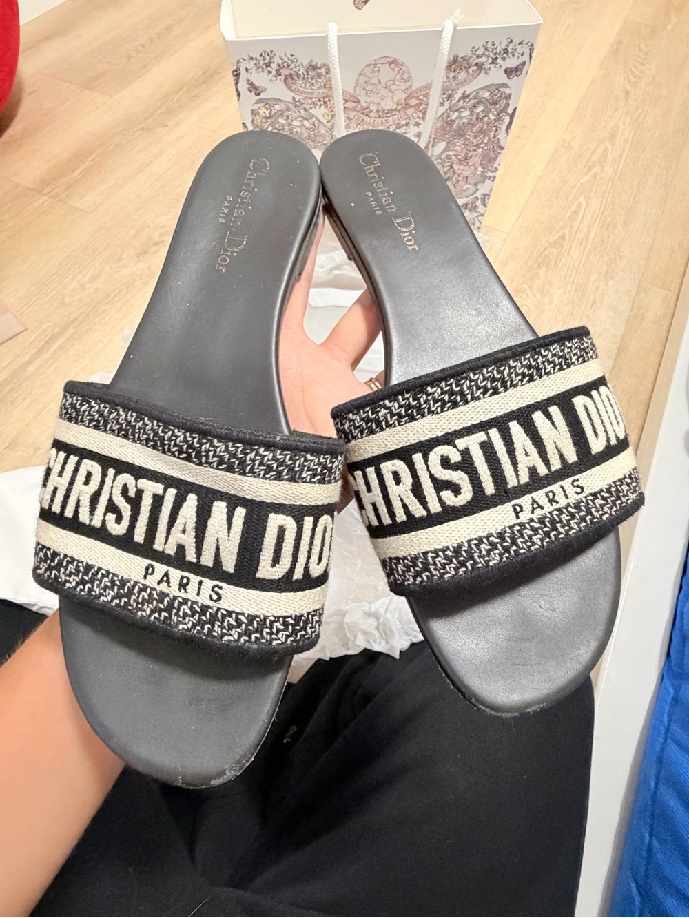 Dior Black and Cream Woven Logo Slide Sandals
